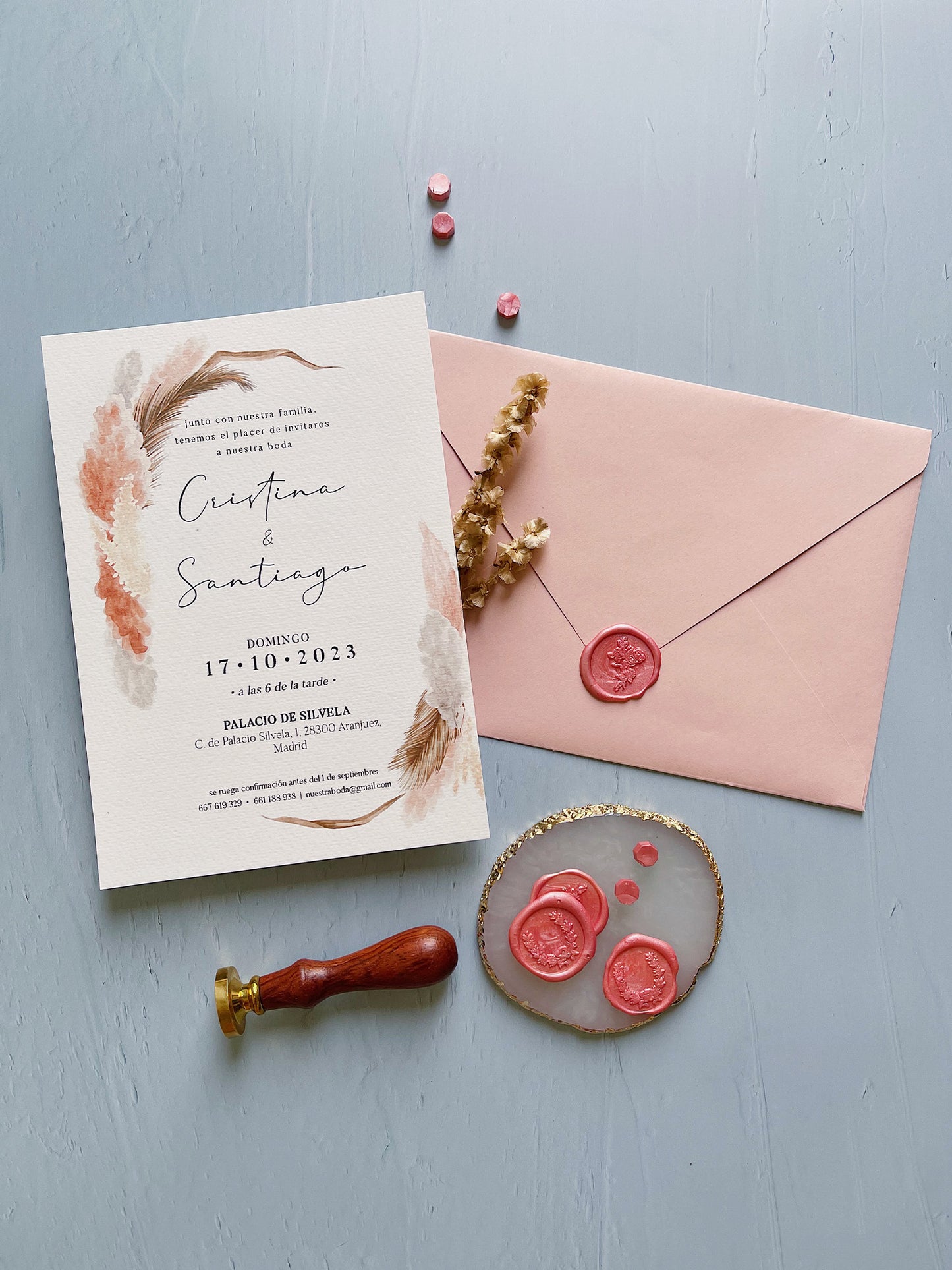 Invitación de Boda marron y rosa